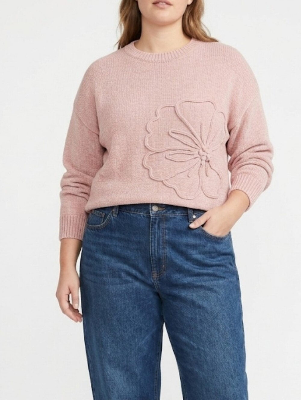 CYNTHIA ROWLEY Blush Pink Chenille Knit Flower Accent Romantic Sweater Large NWT